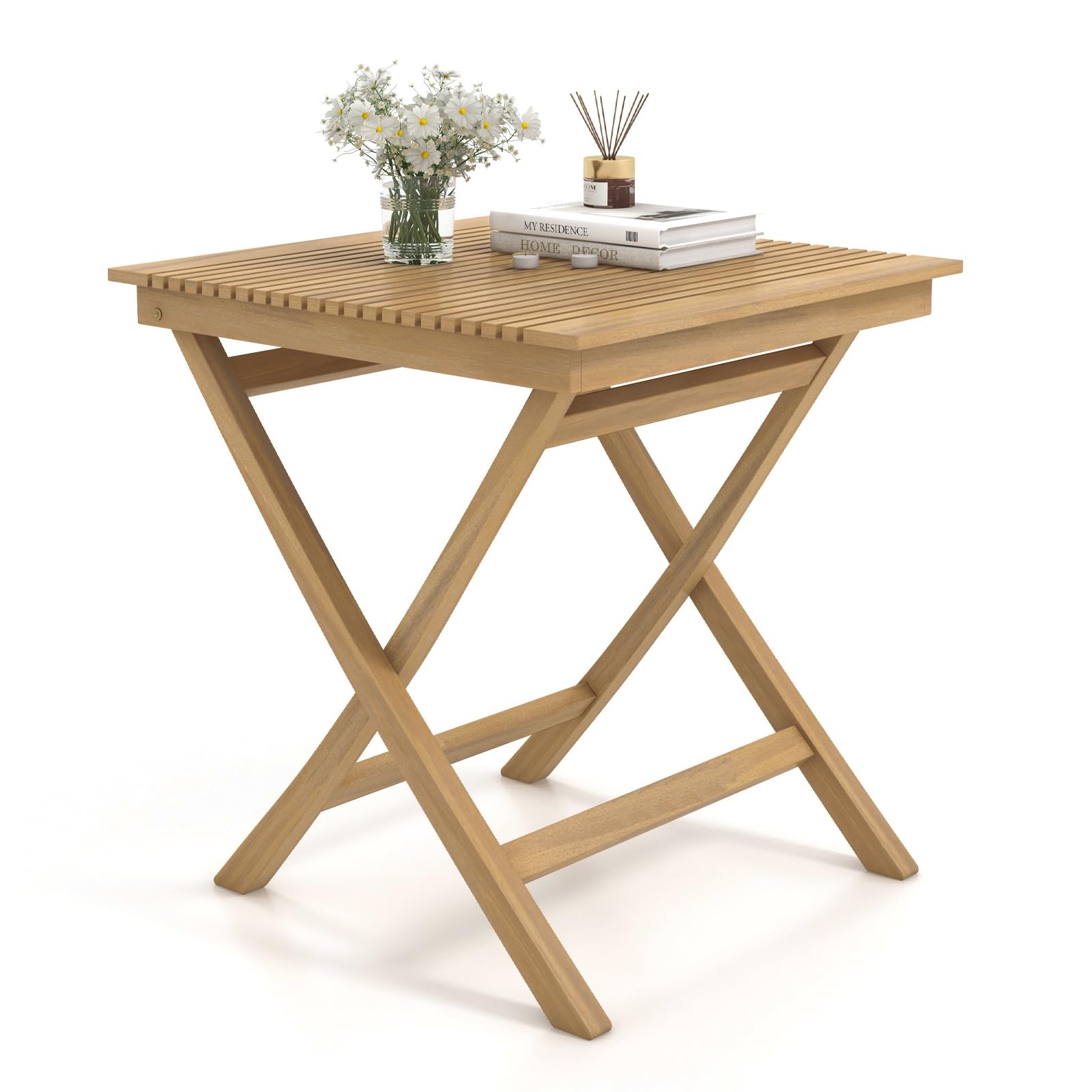 Tangkula Table de Bistro de Jardin de 27,5 Pouces, Table Carrée en Bois de Teck avec Plateau à Lattes